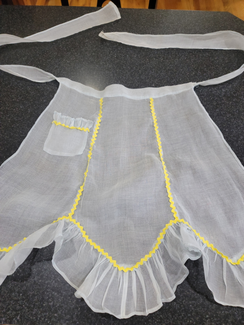 Vintage Sheer Blue Half Apron with Yellow Trim